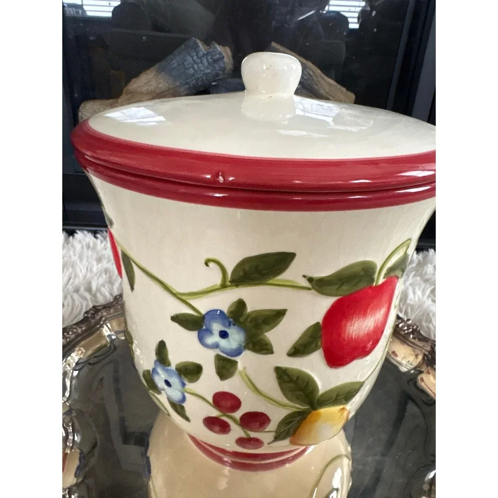 Italian Ceramic Biscotti Cookie‎ Jar Vintage Fruit Design Red Lid
